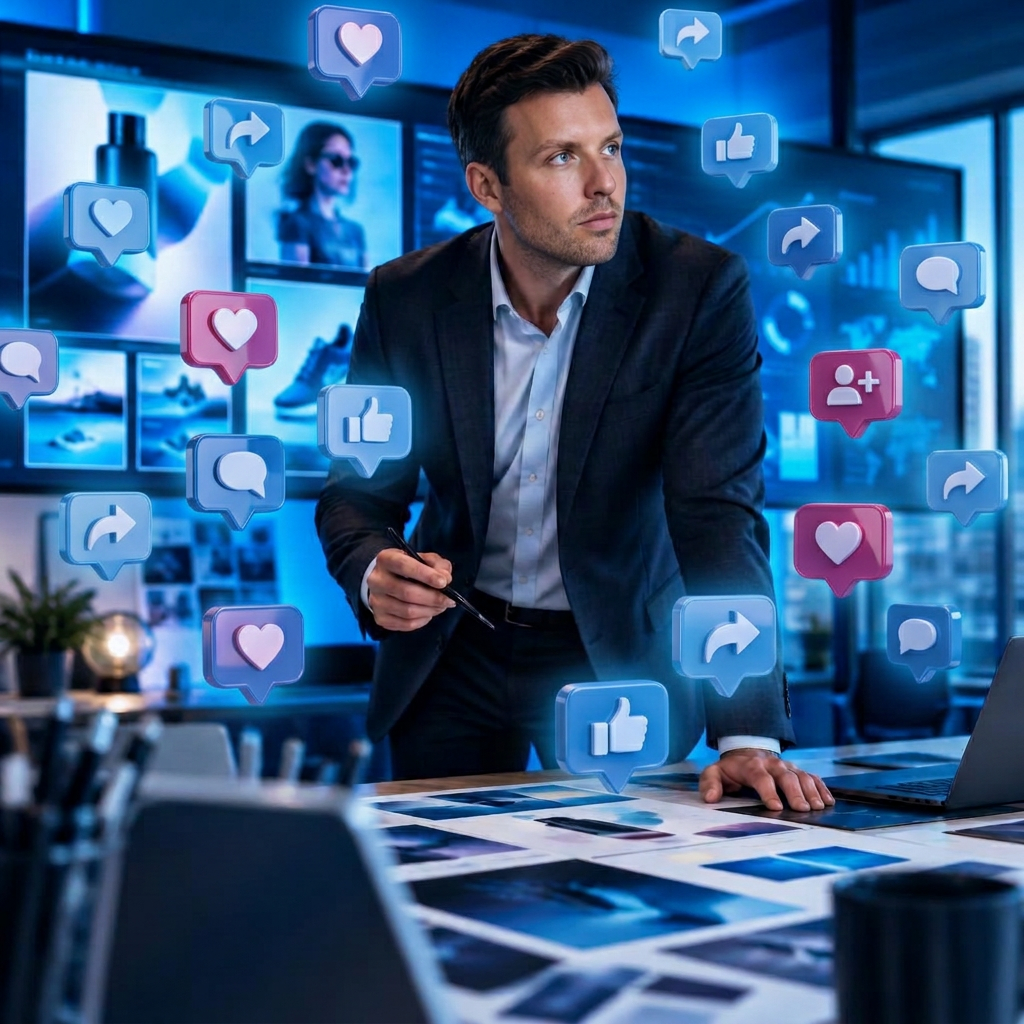 Danny Pessy planning ad campaigns surrounded by floating social media icons